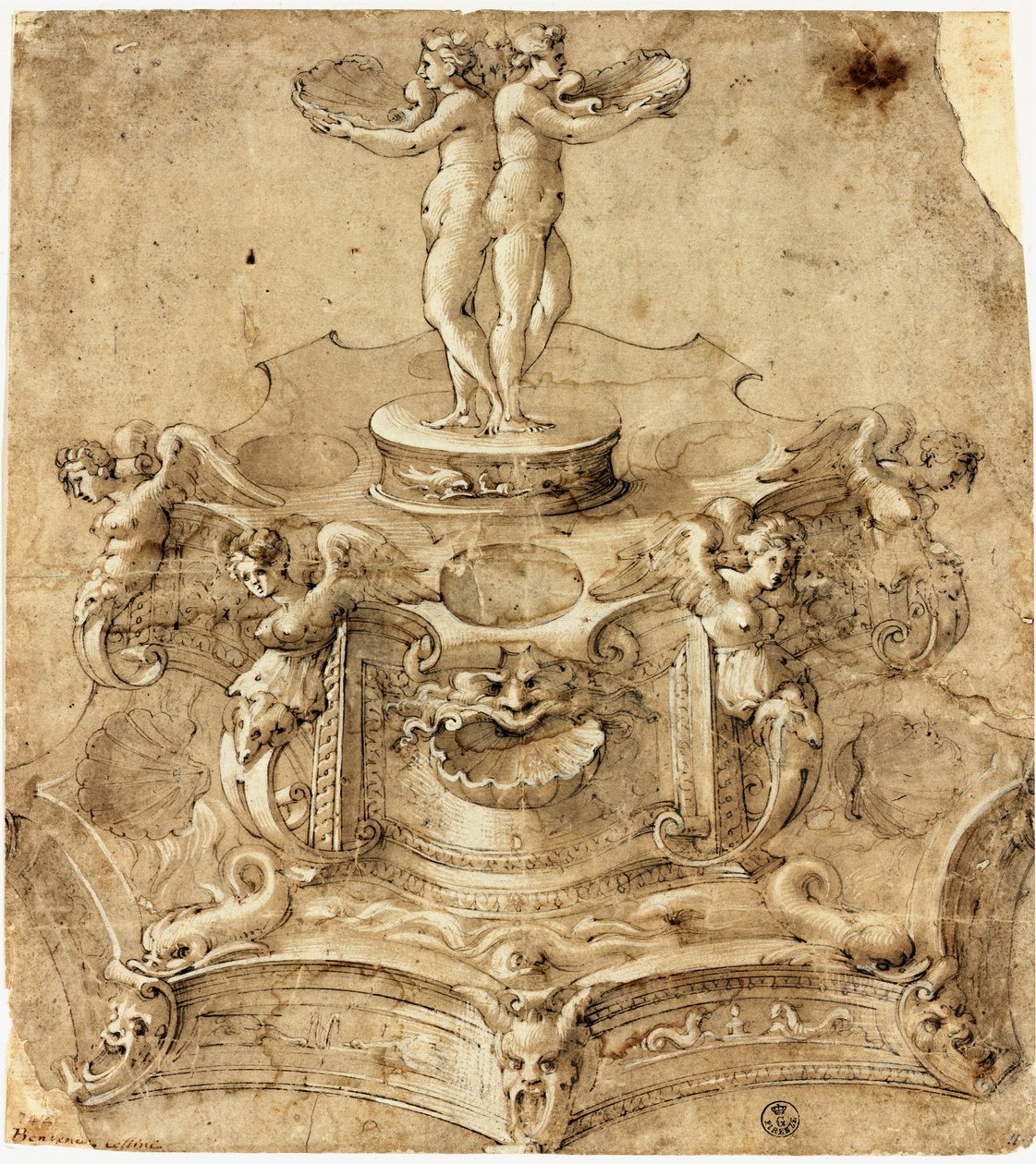 Saliere de forma hexagonal. Desenho de Benvenuto Cellini (1500-1571) Florença, Museu Uffizi, Gabinetto Disegni e Stampe de Benvenuto Cellini