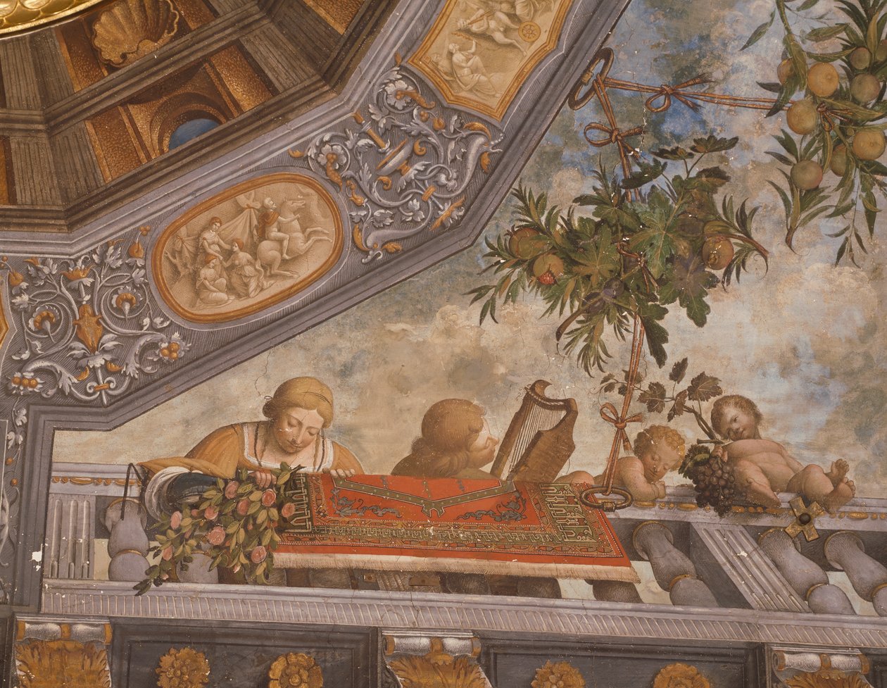 Damas, músico e cupidos na varanda, detalhe do tecto fresco, por Garofalo (1481-1559), Sala do Tesouro, Palácio Ludovico il Moro ou Palácio Costabili, Ferrara, Itália de Benvenuto Tisi da Garofalo