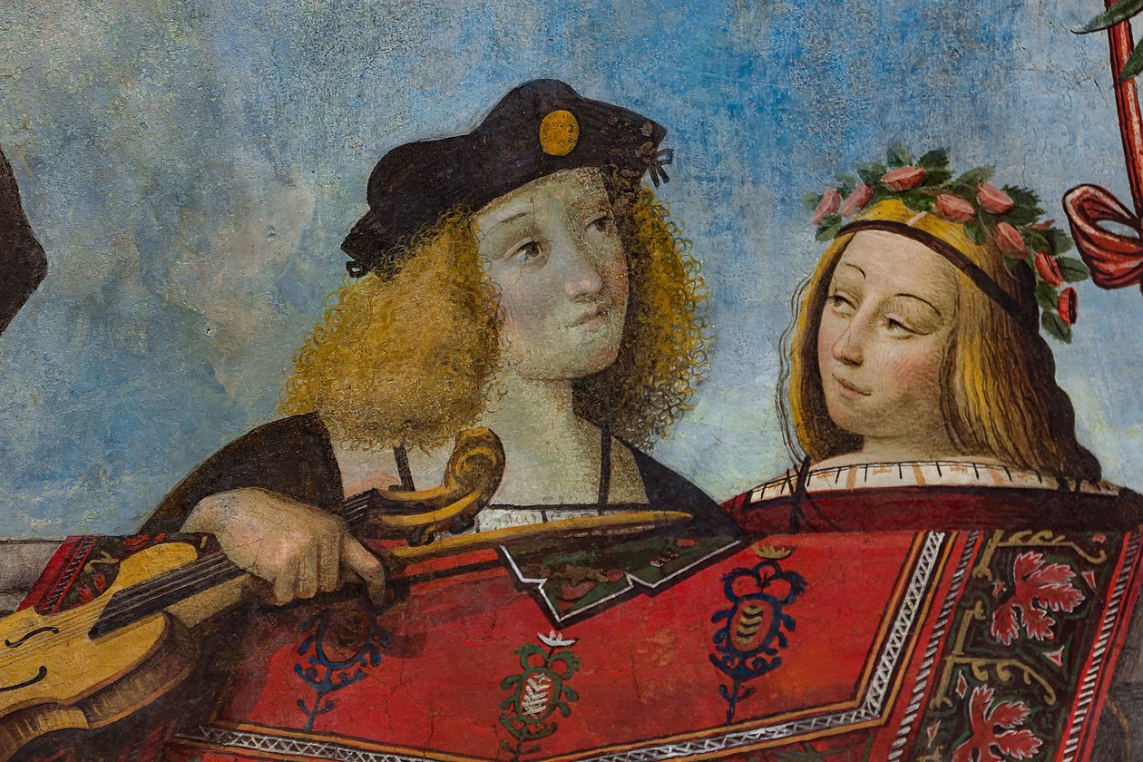 Cavalheiro segurando um instrumento musical e uma cavalheira, detalhe, cofre do Salão do Tesouro (fresco) (detalhe de 3707463) de Benvenuto Tisi da Garofalo