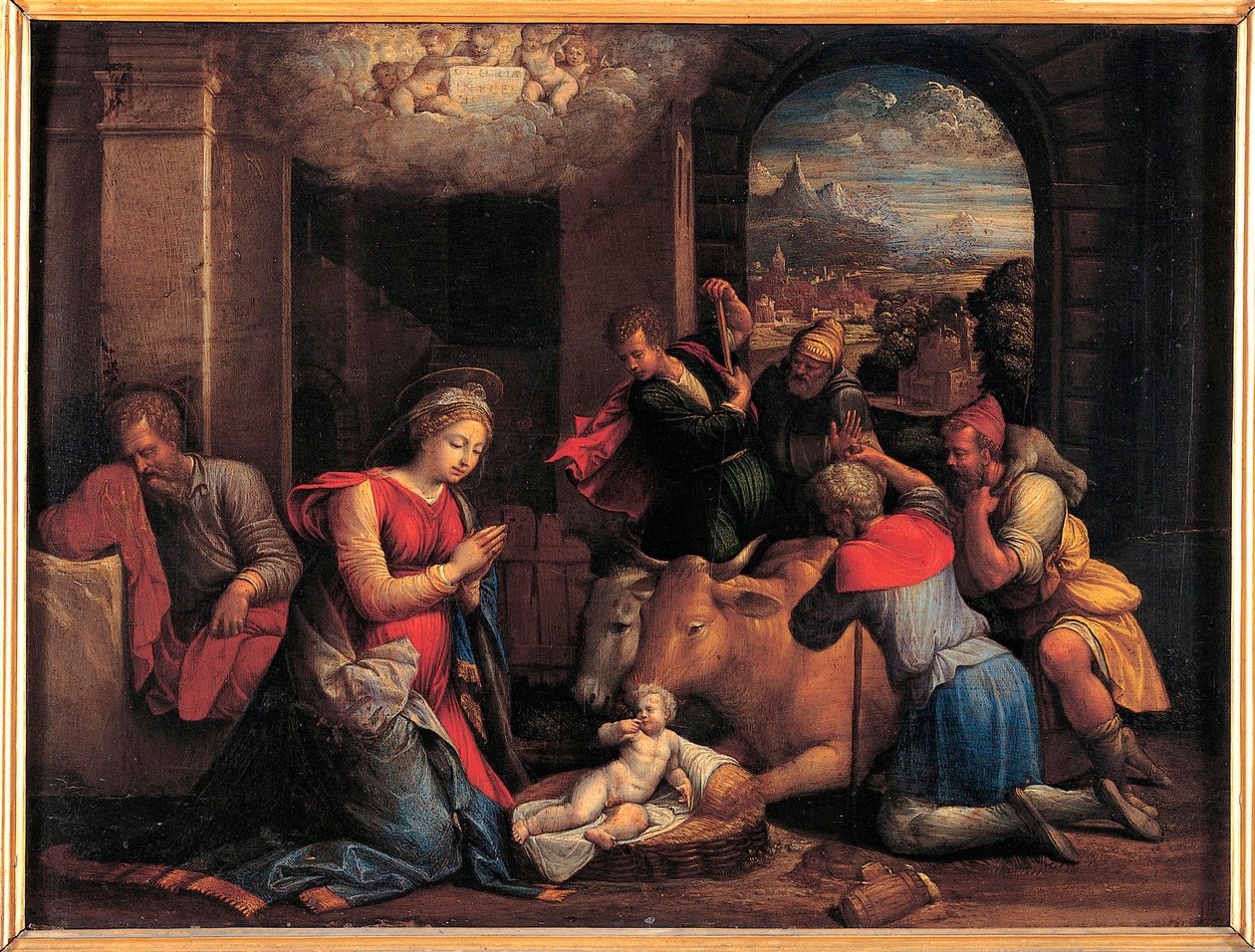 A Adoração dos Pastores - Pintura de Benvenuto Tisi da Garofalo (Il Garolafo) (1481-1559), óleo sobre madeira, 41,5x55 cm de Benvenuto Tisi da Garofalo