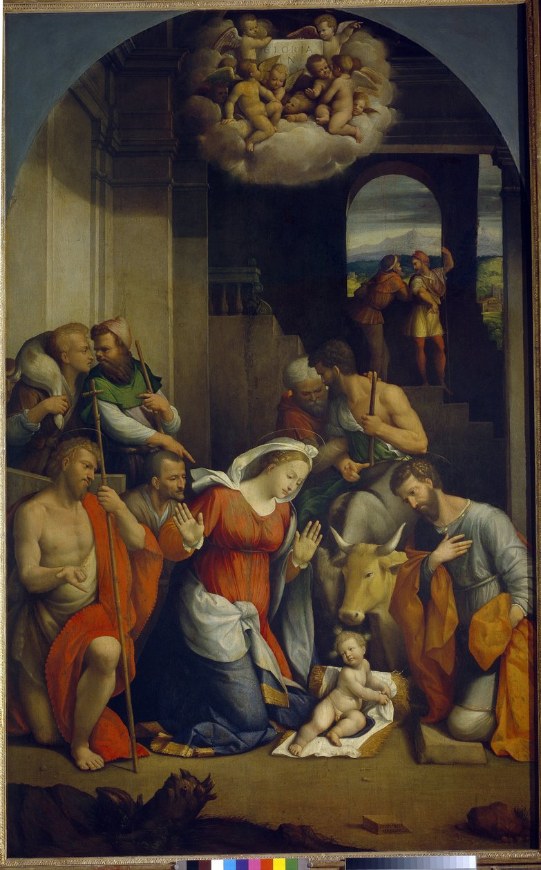 A Adoração da Criança Cristo (Adoração dos Pastores). (A Adoração da Criança Cristo). Pintura de Benvenuto Tisi Da Garofalo (1481-1559), óleo sobre tela de Benvenuto Tisi da Garofalo