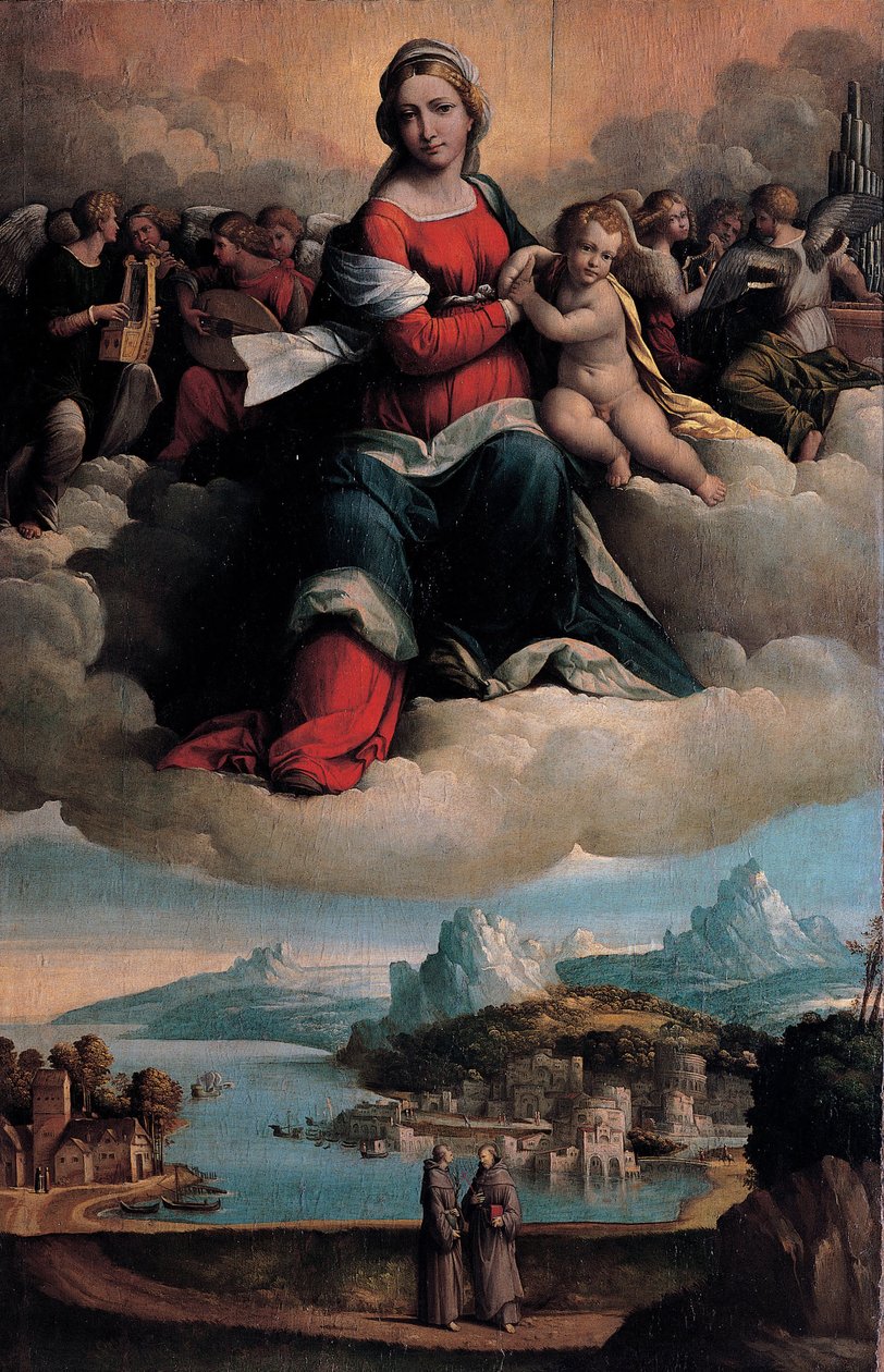 Madonna e Criança em glória com os santos Antônio de Pádua e Francisco de Benvenuto Tisi da Garofalo