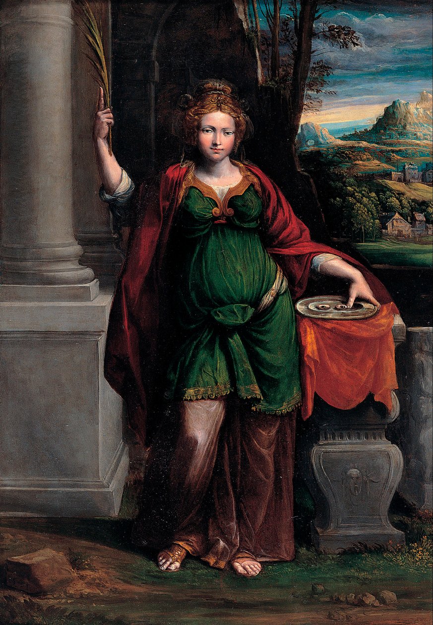 Santa Luzia (de Siracusa) (início do século IV) segurando um tabuleiro com dois olhos (Santa Luzia) - Pintura de Benvenuto Tisi da Garofalo (Il Garolafo) (1481-1559), óleo sobre madeira, 63x44 cm de Benvenuto Tisi da Garofalo
