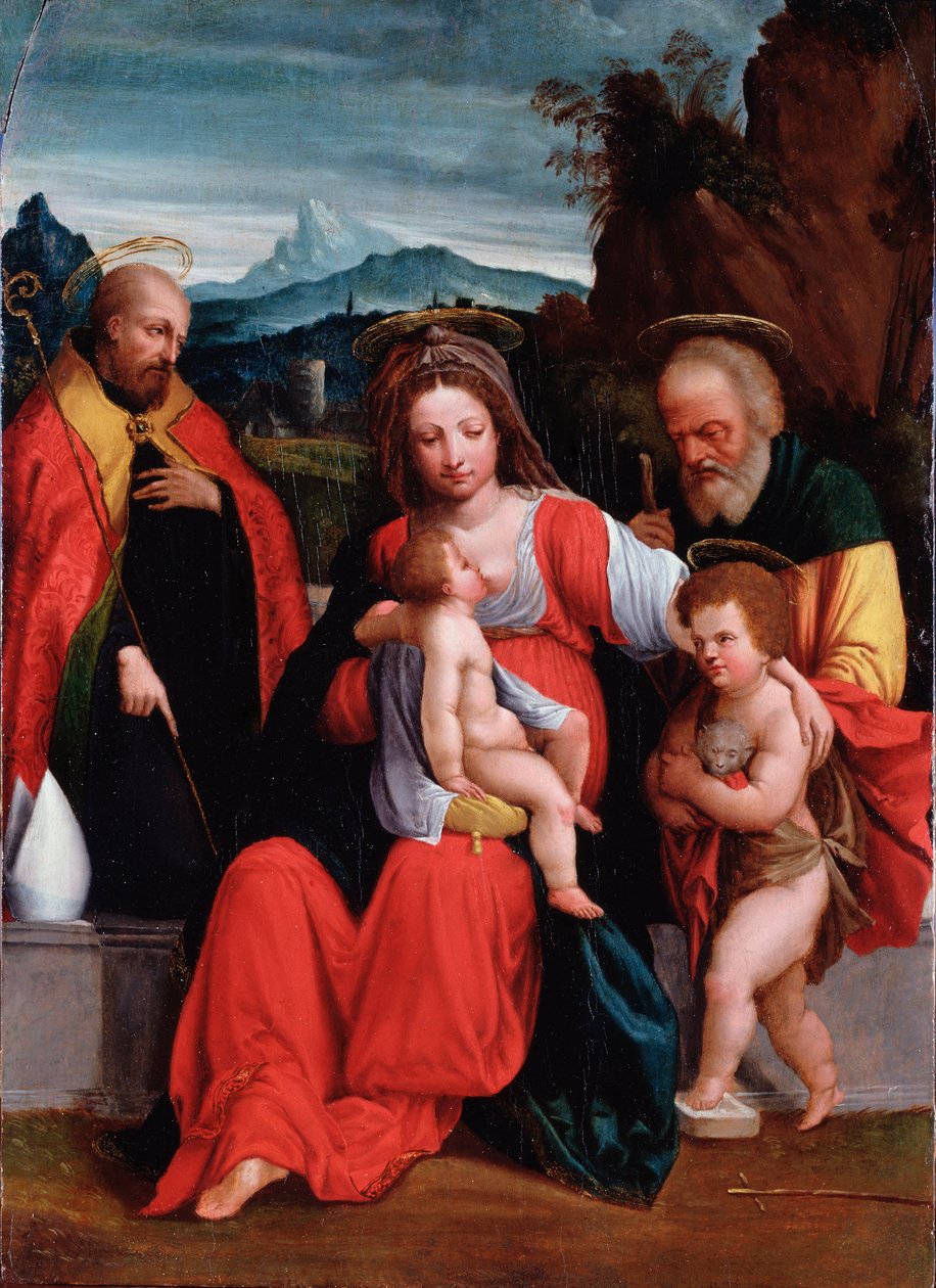 A santa família com São João Batista quando criança e um bispo Pintura de Garofalo (Benvenuto Tisi) (1481-1559) Genes, Musei di Strada Nuova (ex Palazzo Rosso) de Benvenuto Tisi da Garofalo