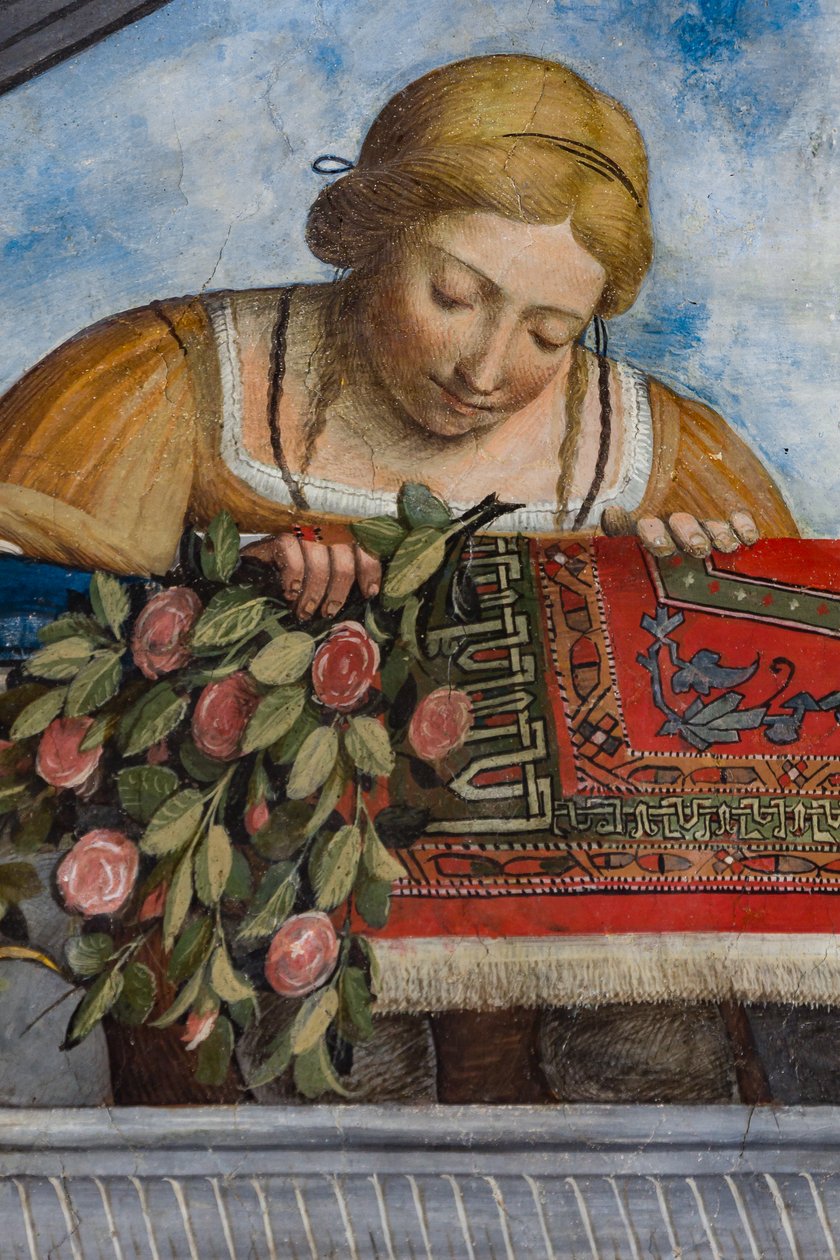 Mulher com um vestido amarelo e flores, detalhe do cofre, Aula Costabiliana o Salão do Tesouro (fresco) de Benvenuto Tisi da Garofalo