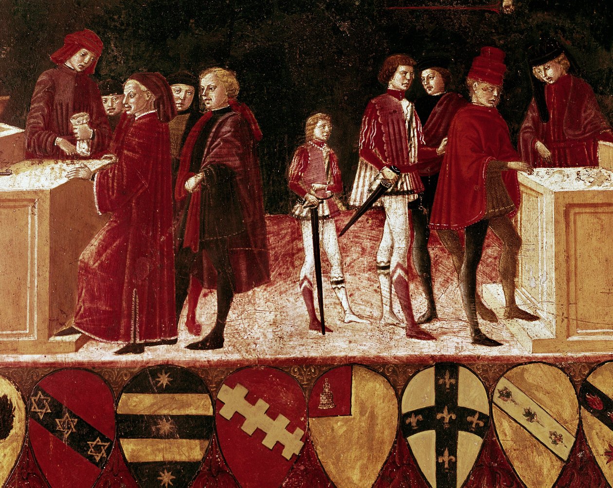 Alegoria das finanças do Estado em tempos de guerra e de paz. Detalhe. Século XV (pintura em madeira) de Benvenuto di Giovanni
