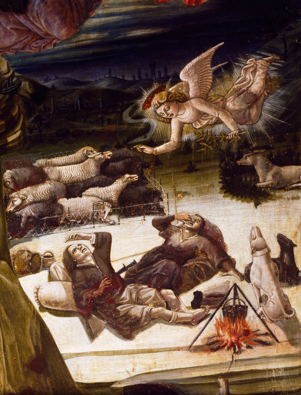 Um anjo e pastores, pormenor do retábulo da Natividade, de Benvenuto di Giovanni (1436-ca 1518), pintura sobre madeira. de Benvenuto di Giovanni