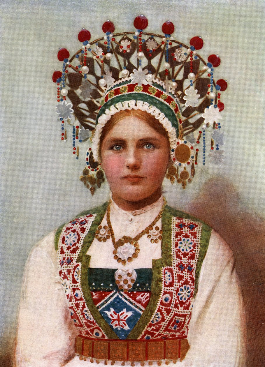 Menina norueguesa no vestido de noiva, 1899 (albumen impressão) de Bergen, Norway Söstrene Persen