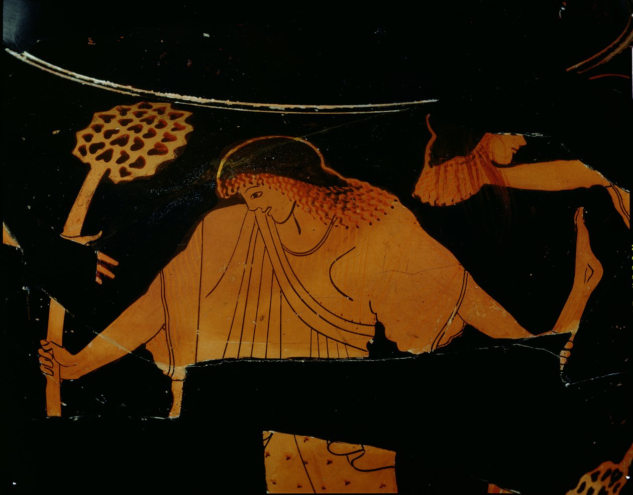 Estames áticos de figuras vermelhas decoradas com uma cena de uma bacante despedaçando Pentheus em um sacrifício dionisíaco, encontrado em Cerveteri, c.490-480 aC (cerâmica) de Berlin Painter