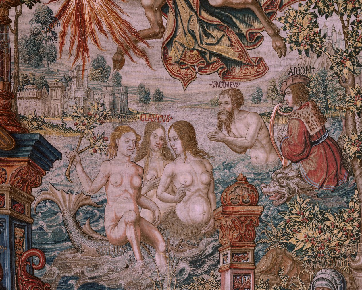Tapeçaria flamenga. Série As Honras. A fama (La Fama). A terceira tapeçaria da série. Modelos cartoonistas do círculo de Bernard van Orley e Jan Gossaert (Mabuse). Fabrico Pieter van Aelst, Bruxelas. Ca 1550. Tecido Ouro, prata, seda e lã. de Bernaert van (circle of) Orley