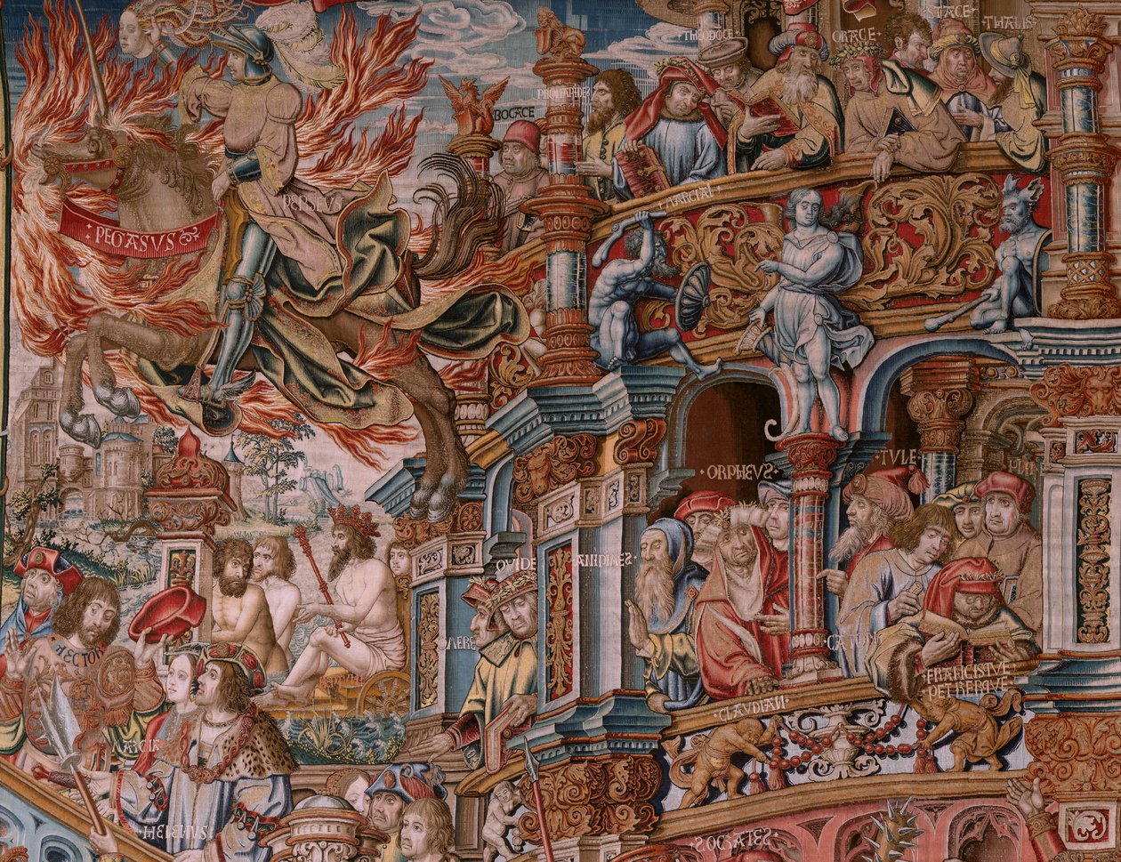 Tapeçaria flamenga. Série As Honras. A fama (La Fama). A terceira tapeçaria da série. Modelos cartoonistas do círculo de Bernard van Orley e Jan Gossaert (Mabuse). Fabrico Pieter van Aelst, Bruxelas. Ca 1550. Tecido Ouro, prata, seda e lã. de Bernaert van (circle of) Orley