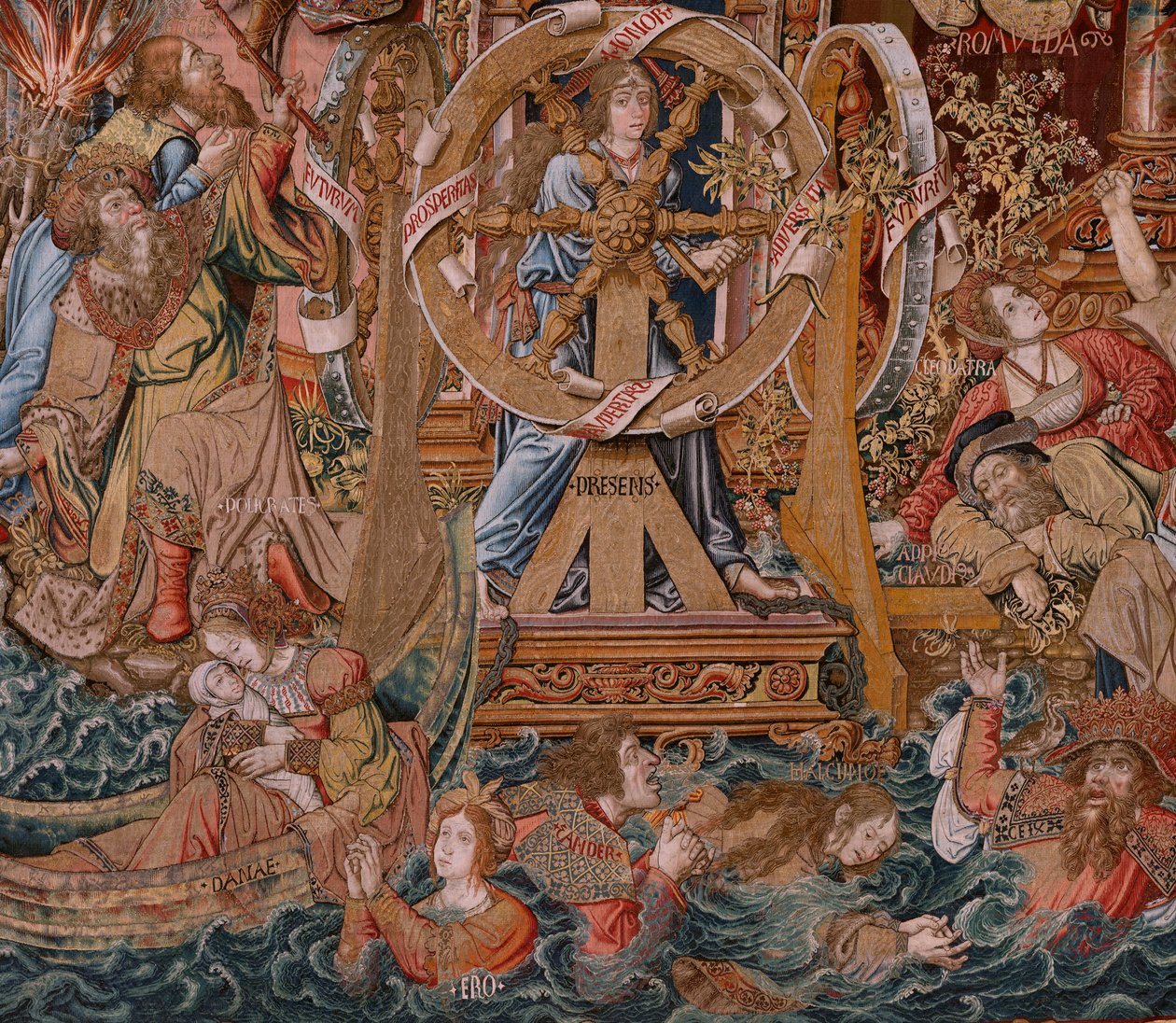 Tapeçaria flamenga. Série As Honras. Fortune, The way to the Honours (La Fortuna, Camino de los Honores). Quinta tapeçaria da série. Modelos cartoonistas do círculo de Bernard van Orley e Jan Gossaert de Mabuse. Fabrico Pieter van Aelst, Brusse de Bernaert van (circle of) Orley