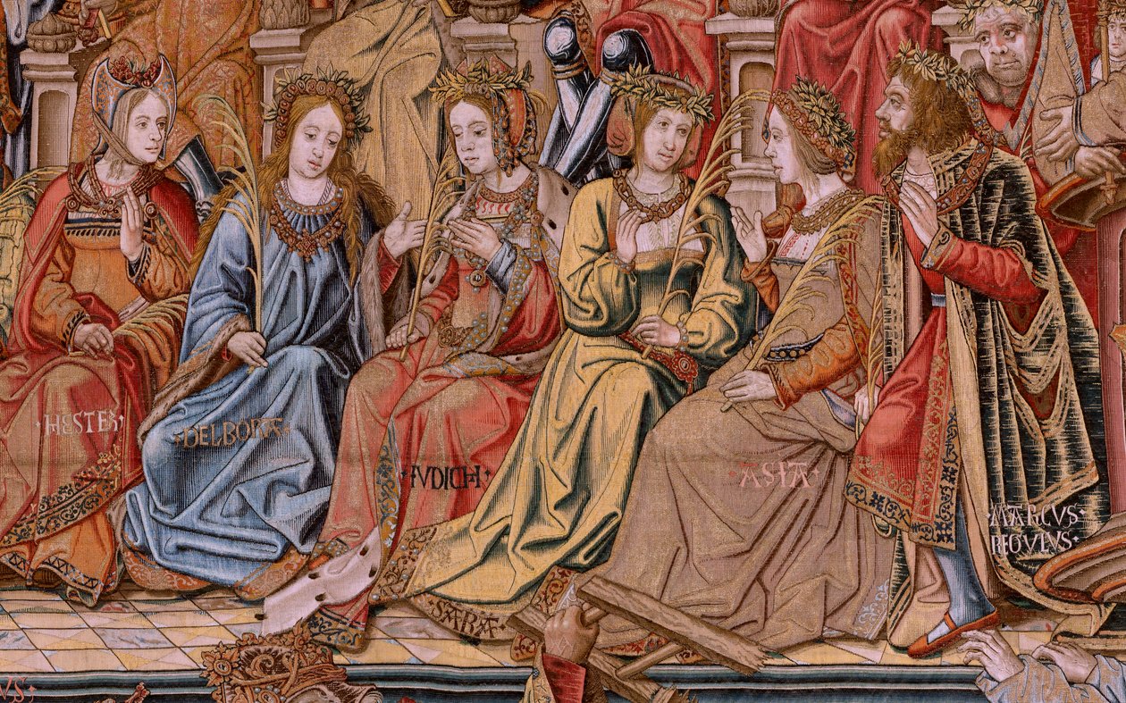 tapeçaria flamenga. Série As Honras. Honra (El Honor). Segunda tapeçaria da série. Cartunistas modelo do círculo de Bernard van Orley e Jan Gossaert (Mabuse). Fabricação Pieter van Aelst, Bruxelas. Ca 1550. Tecido Ouro, prata, seda e lã. de Bernaert van (circle of) Orley