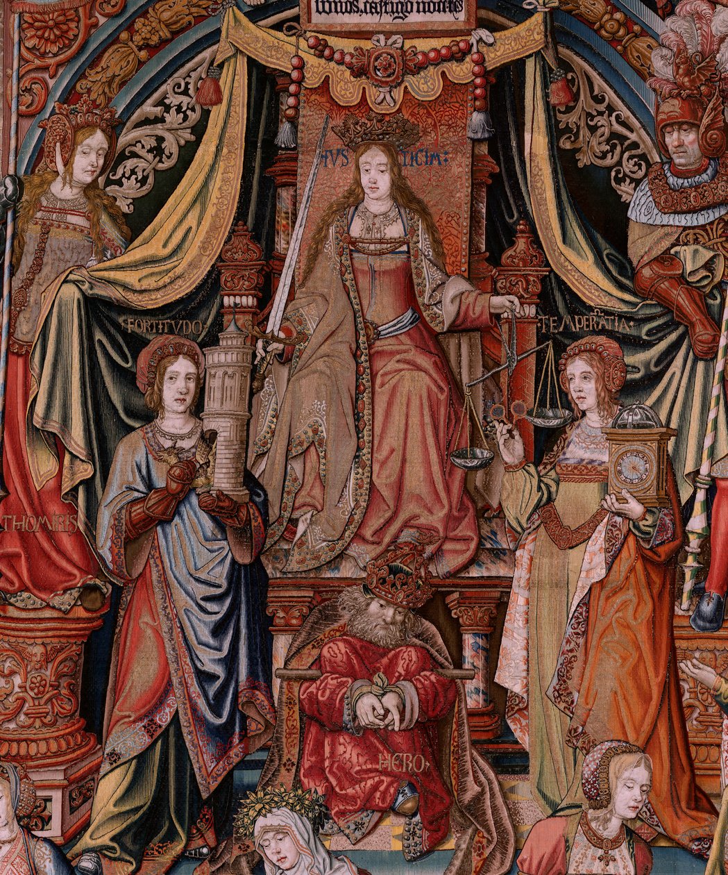 Tapeçaria flamenga. Série As Honras. Justiça (La Justicia, Los Honores). A nona tapeçaria da série. Modelos cartoonistas do círculo de Bernard van Orley e Jan Gossaert (Mabuse). Fabrico Pieter van Aelst, Bruxelas. Ca 1550. Tecido Ouro, prata, de Bernaert van (circle of) Orley