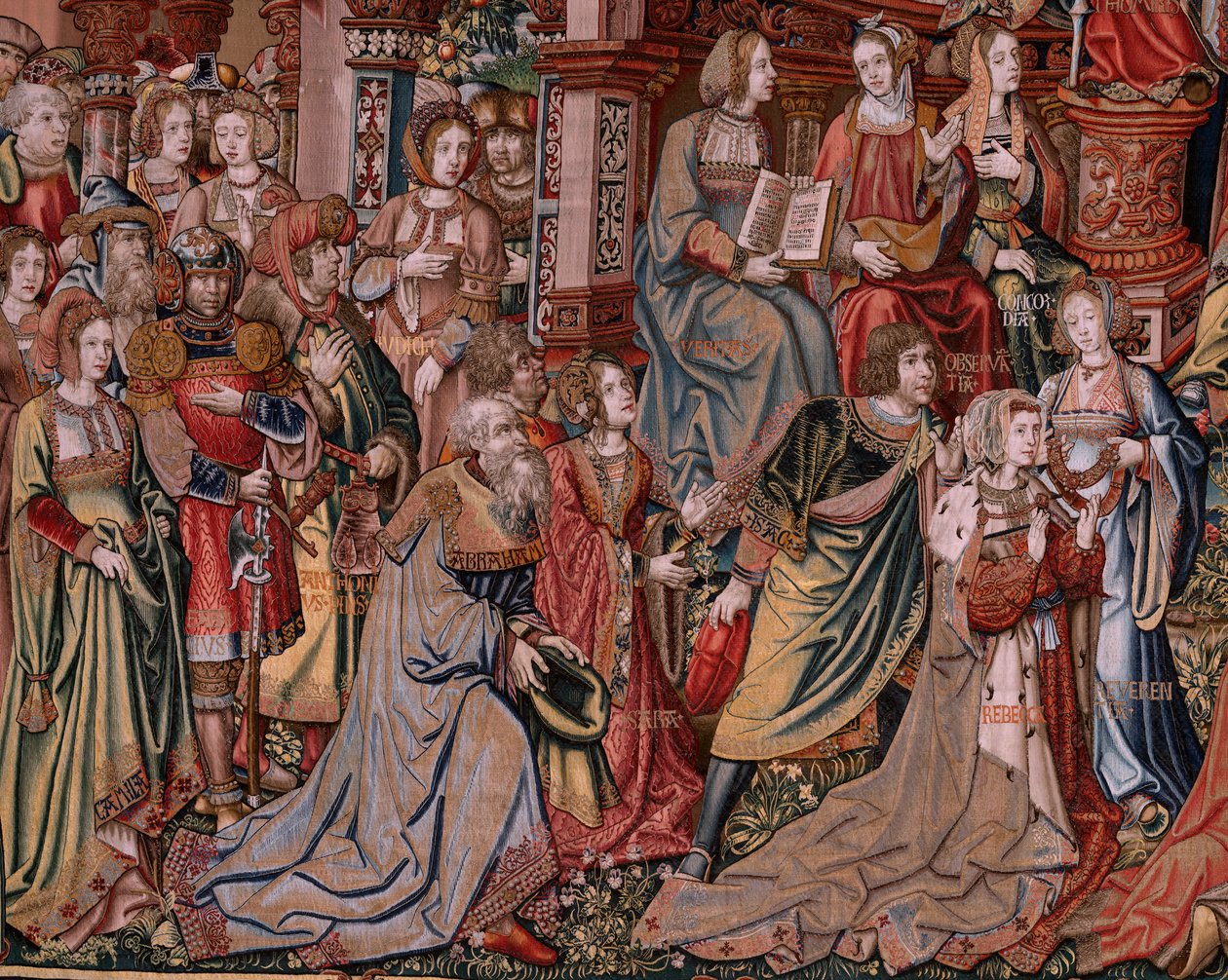 tapeçaria flamenga. Série As Honras. Justiça (La Justicia, Los Honores). Nona tapeçaria da série. Cartunistas modelo do círculo de Bernard van Orley e Jan Gossaert (Mabuse). Fabricação Pieter van Aelst, Bruxelas. Ca 1550. Tecido Ouro, prata, de Bernaert van (circle of) Orley