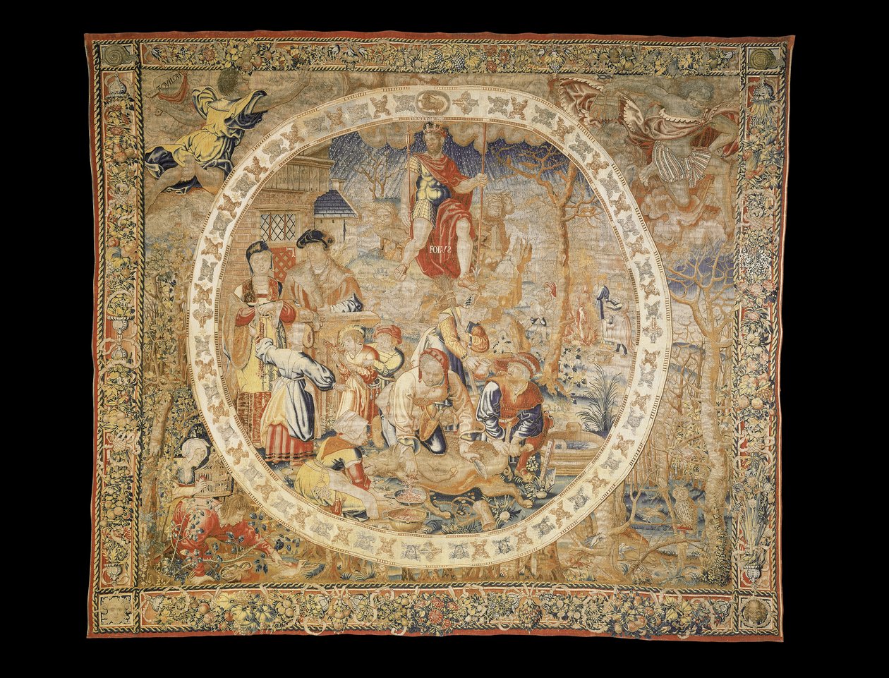 Tapeçaria alegórica de Bruxelas representando o mês de dezembro de "Os meses do medalhão", c. 1525 de Bernaert van Orley
