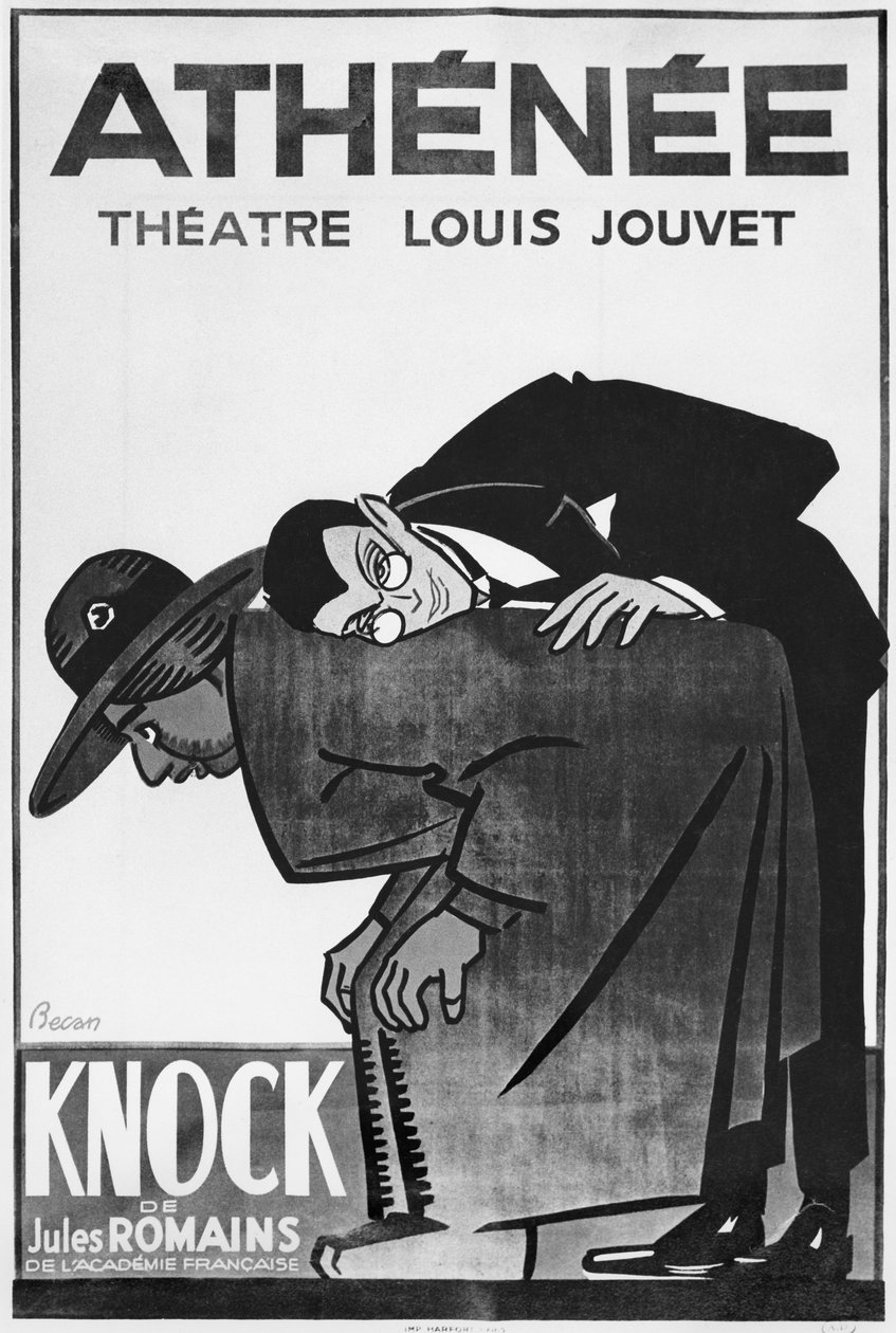 Poster publicidade uma performance de Knock ou o triunfo da medicina por Jules Romains (1885-1972) no Theatre Athenee (foto bw) de Bernard Becan
