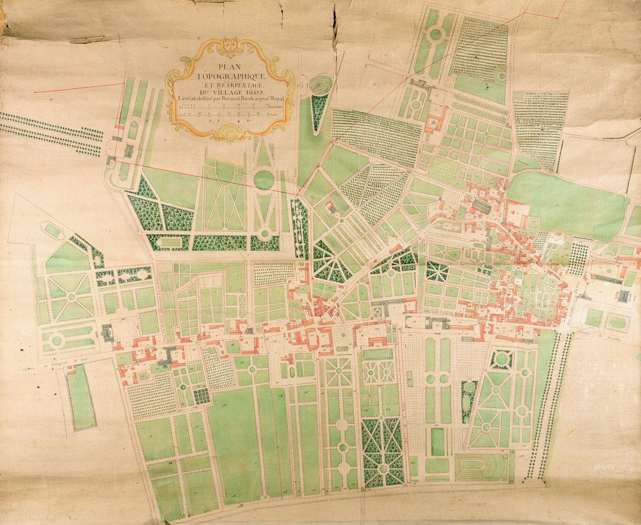 N11Seine87 Mapa topográfico e levantamento da vila de Issy, 1740 (caneta, tinta e papel sobre papel) de Bernard Borde