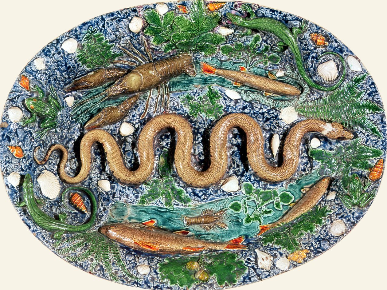 Prato oval grande moldado em relevo com répteis e peixes (louça de barro) de Bernard Palissy