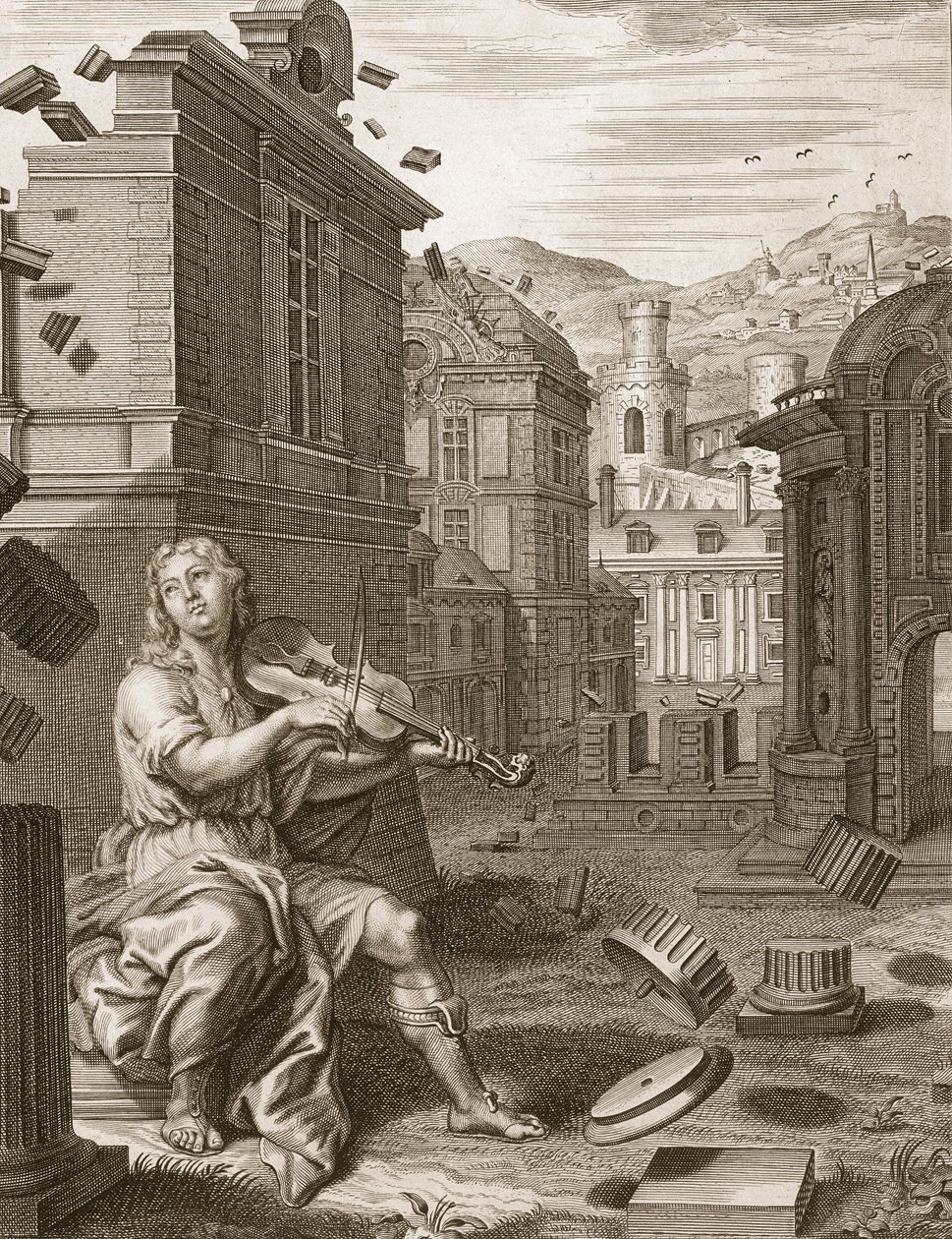 Amphion constrói as paredes de Thebes pela música de sua lira, 1731 de Bernard Picart