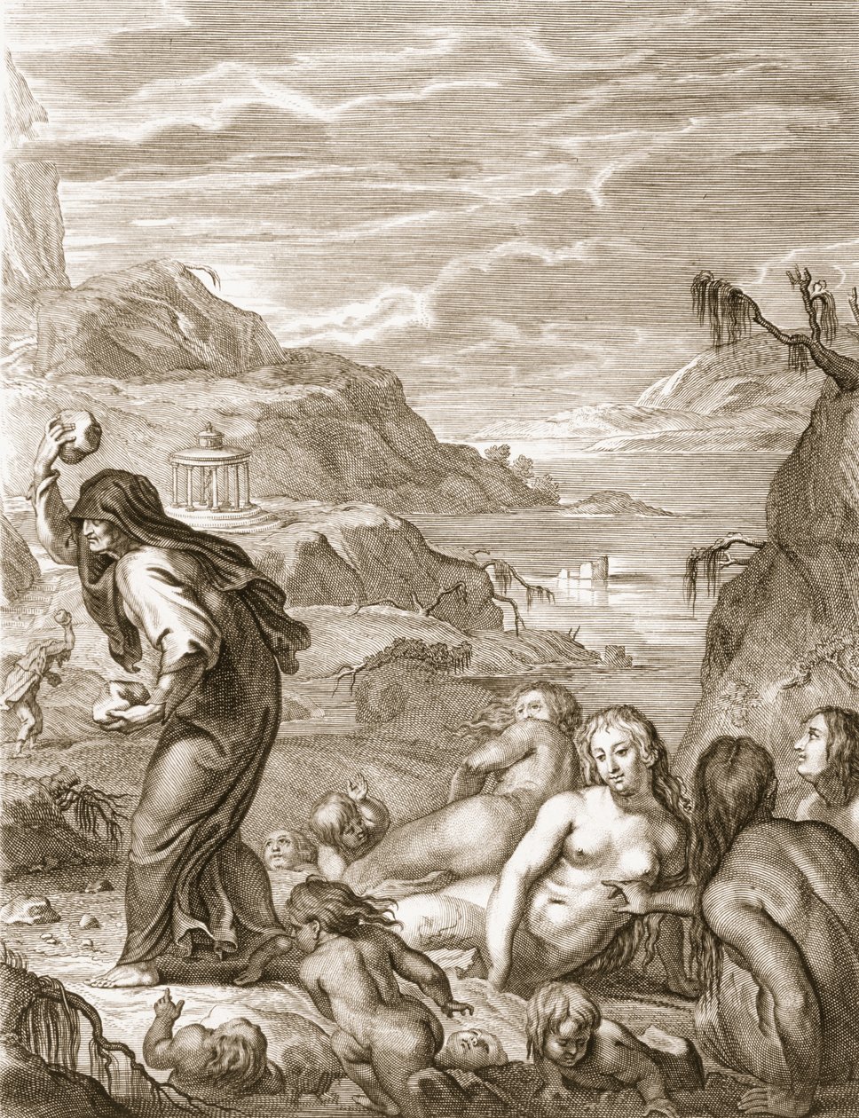 Deucalião e Pyrrha Repesople o mundo jogando pedras por trás deles, 1731 de Bernard Picart