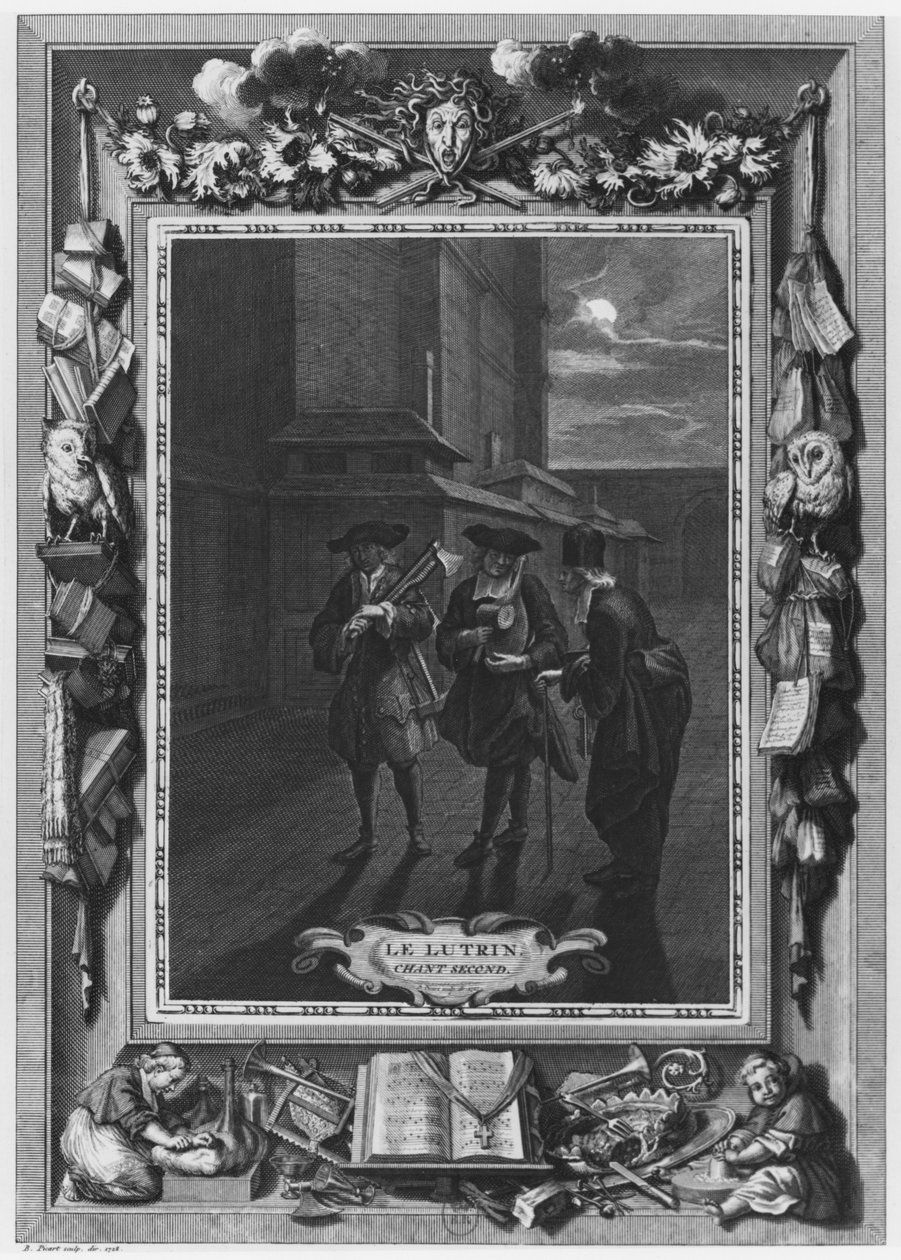 Ilustração de &39;Le Lutrin&39; por Nicolas Boileau, conhecido como Boileau-Despreaux, 2º canto, publicado em 1728 de Bernard Picart