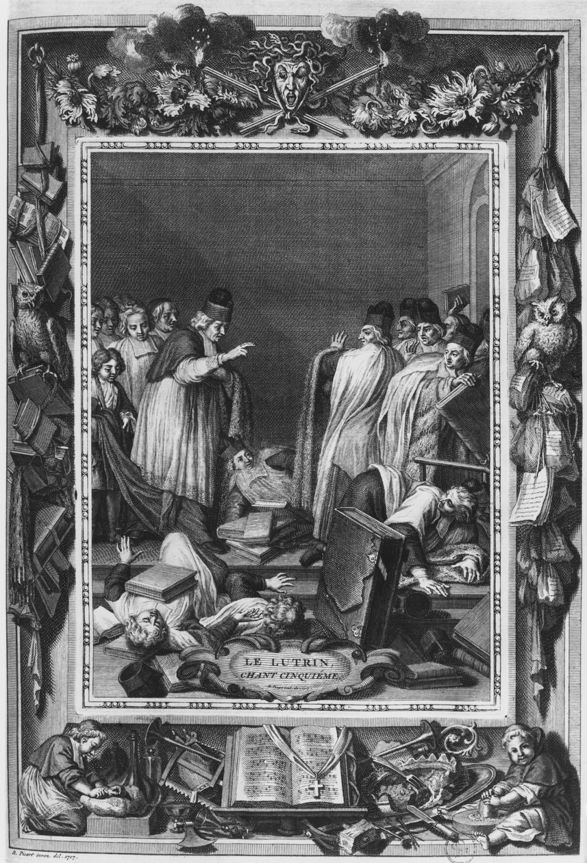 Ilustração de &39;Le Lutrin&39; por Nicolas Boileau, conhecido como Boileau-Despreaux, 5ª canção, publicado em 1728 de Bernard Picart