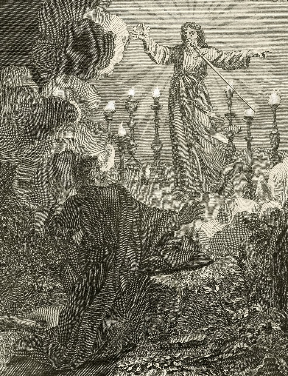 Jesus aparece no livro do Apocalipse segurando sete estrelas em sua mão direita e com uma espada de dois gumes saindo de sua boca, 1763 de Bernard Picart