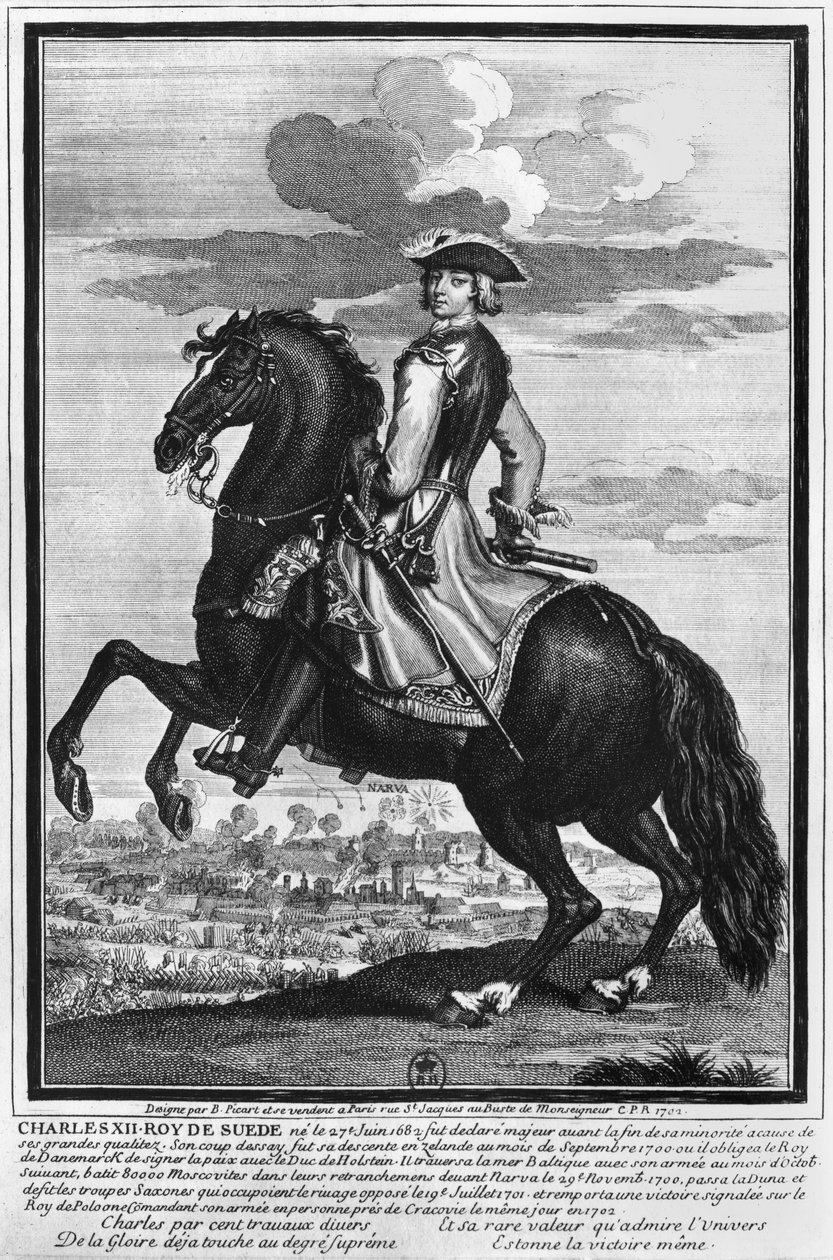 Rei Carlos XII (1682-1718) da Suécia, a cavalo, em 1702 de Bernard Picart