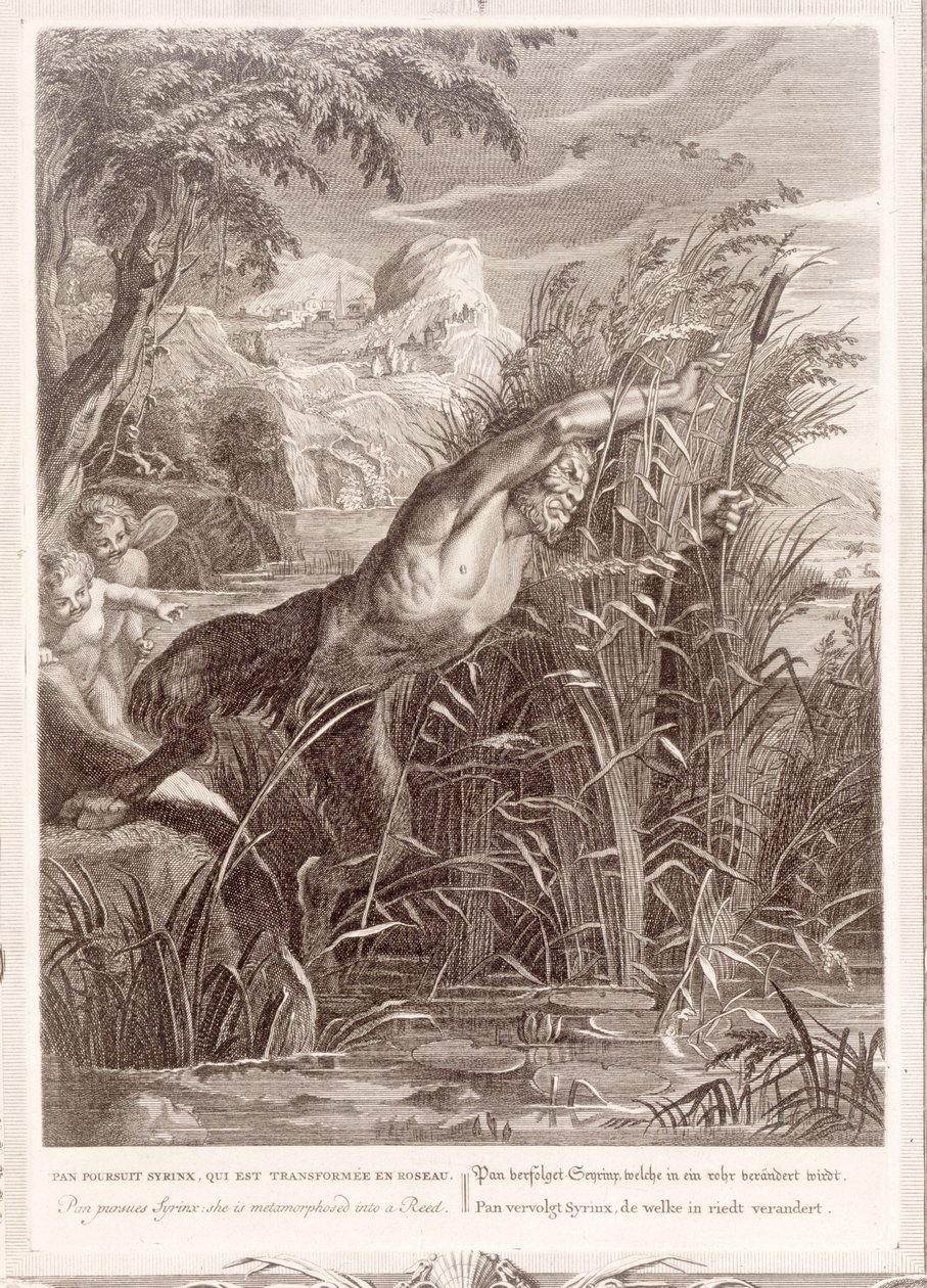 Pan prossegue Syrinx: Ela é transformada em um Reed, 1731 de Bernard Picart