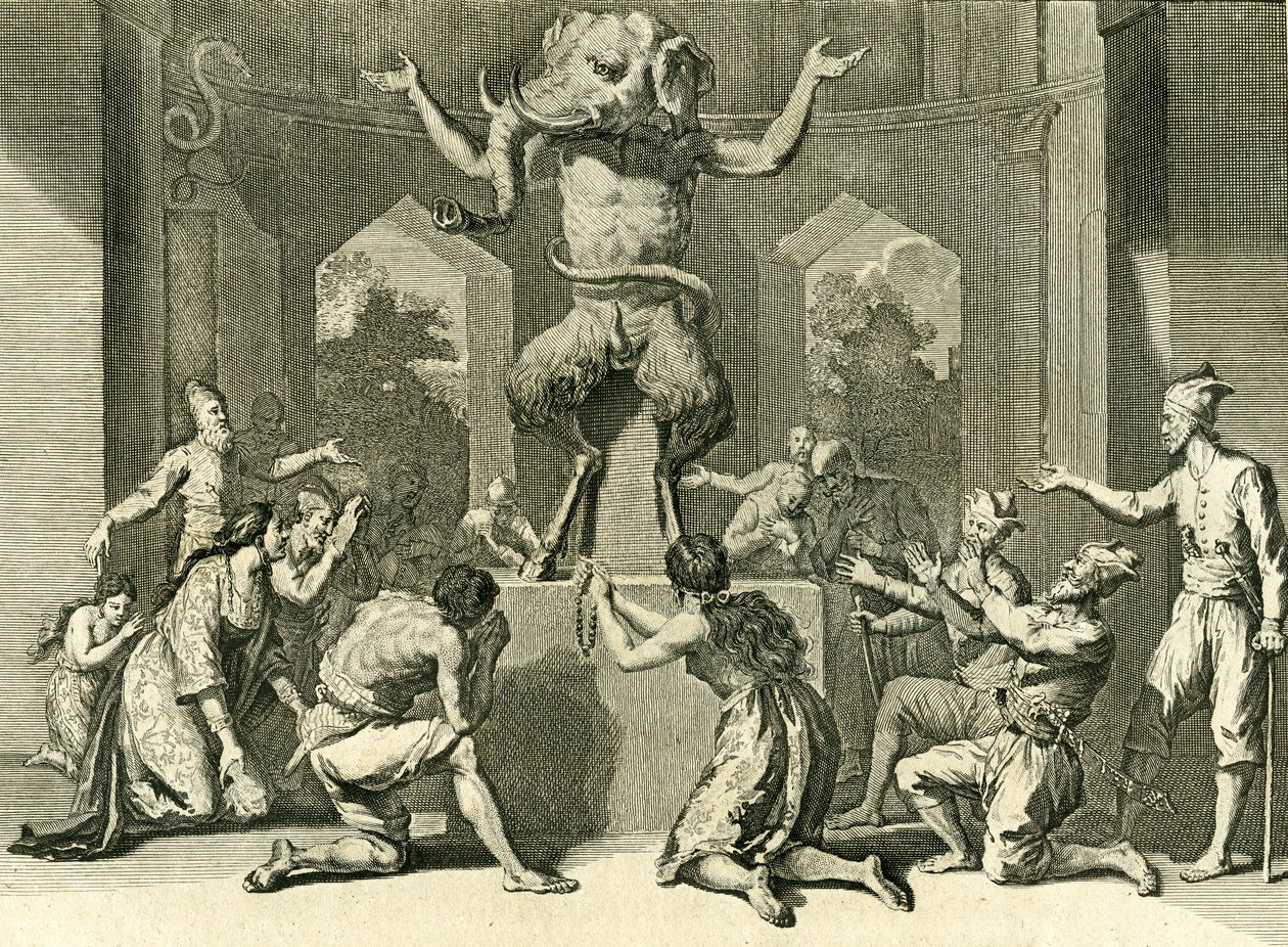Povo do Ceilão, adorando o deus Ganesh, doador de Sabedoria, Saúde e Riqueza, 1729 (gravura em chapa de cobre) de Bernard Picart