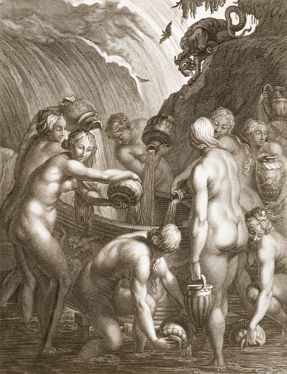 Os Danaids condenados a encher navios entediados com água, 1730 de Bernard Picart