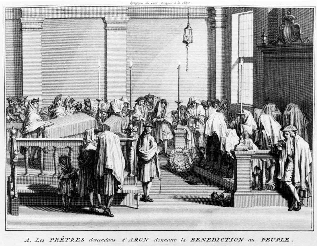 A Bênção Sacerdotal (Birkat Kohanim) dada pelos Cohanim, a tribo sacerdotal dos Levitas (descendentes de Aarão) ao povo durante os cultos na sinagoga; 1725 de Bernard Picart