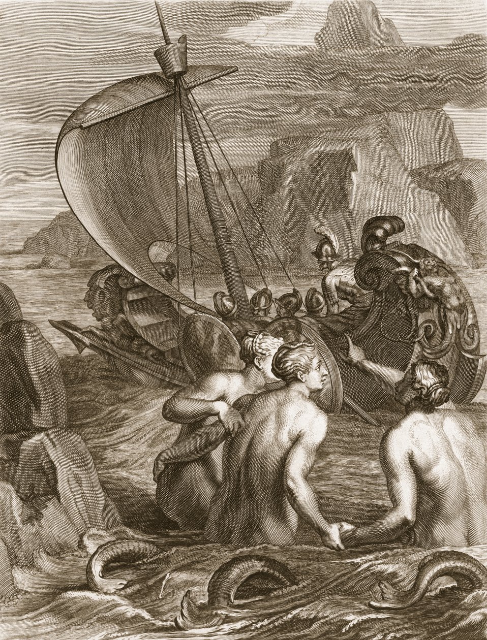 Ulisses e seus companheiros evitam os encantos das sereias, 1731 de Bernard Picart