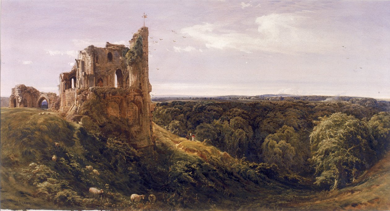 Castelo em ruínas em uma paisagem (Castelo de Knaresborough) (bodycolour) de Bernard Walter Evans