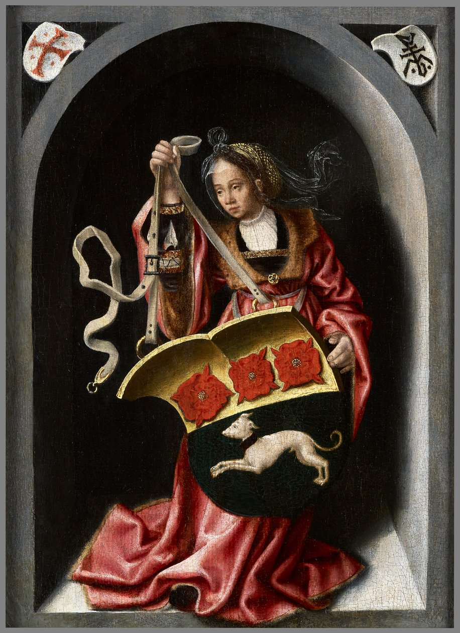 Lady segurando um escudo heráldico dentro de um nicho pintado de Bernard van Orley