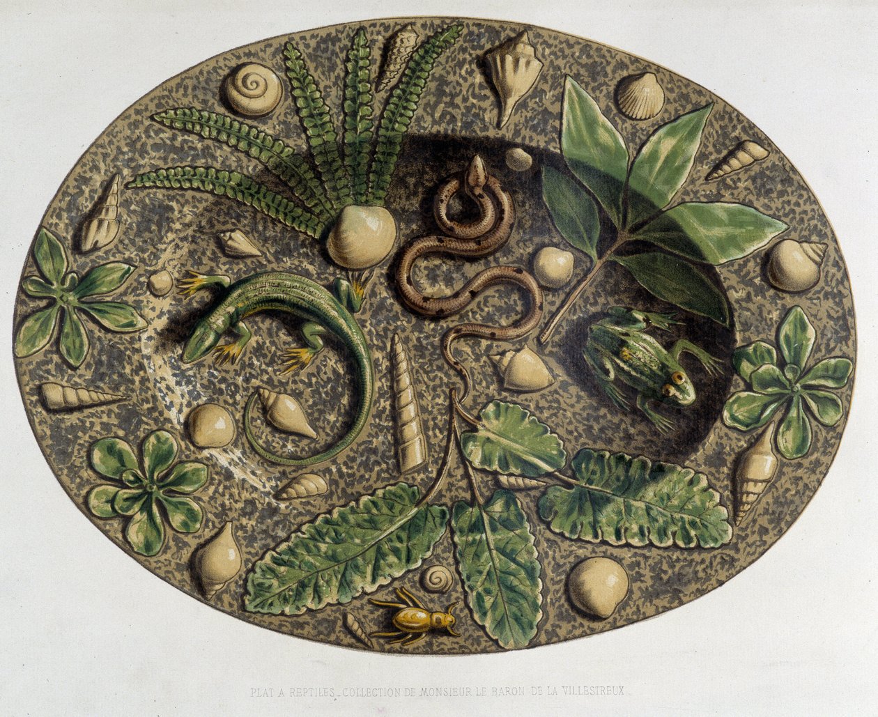 Plate à répteis - Plate céramique, em "The work of Bernard Palissy" de C. Delange e C. Borneman, Paris de Bernard (after) Palissy