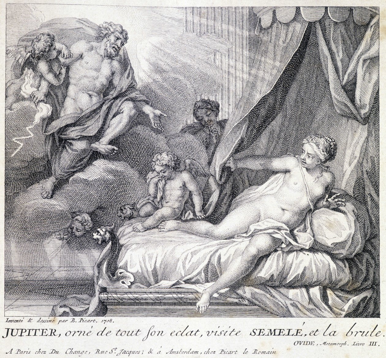 Júpiter (Zeus) queima Semele com seu relâmpago. Gravura do século XVIII após o desenho de B. Picart feito em 1708. de Bernard (after) Picart