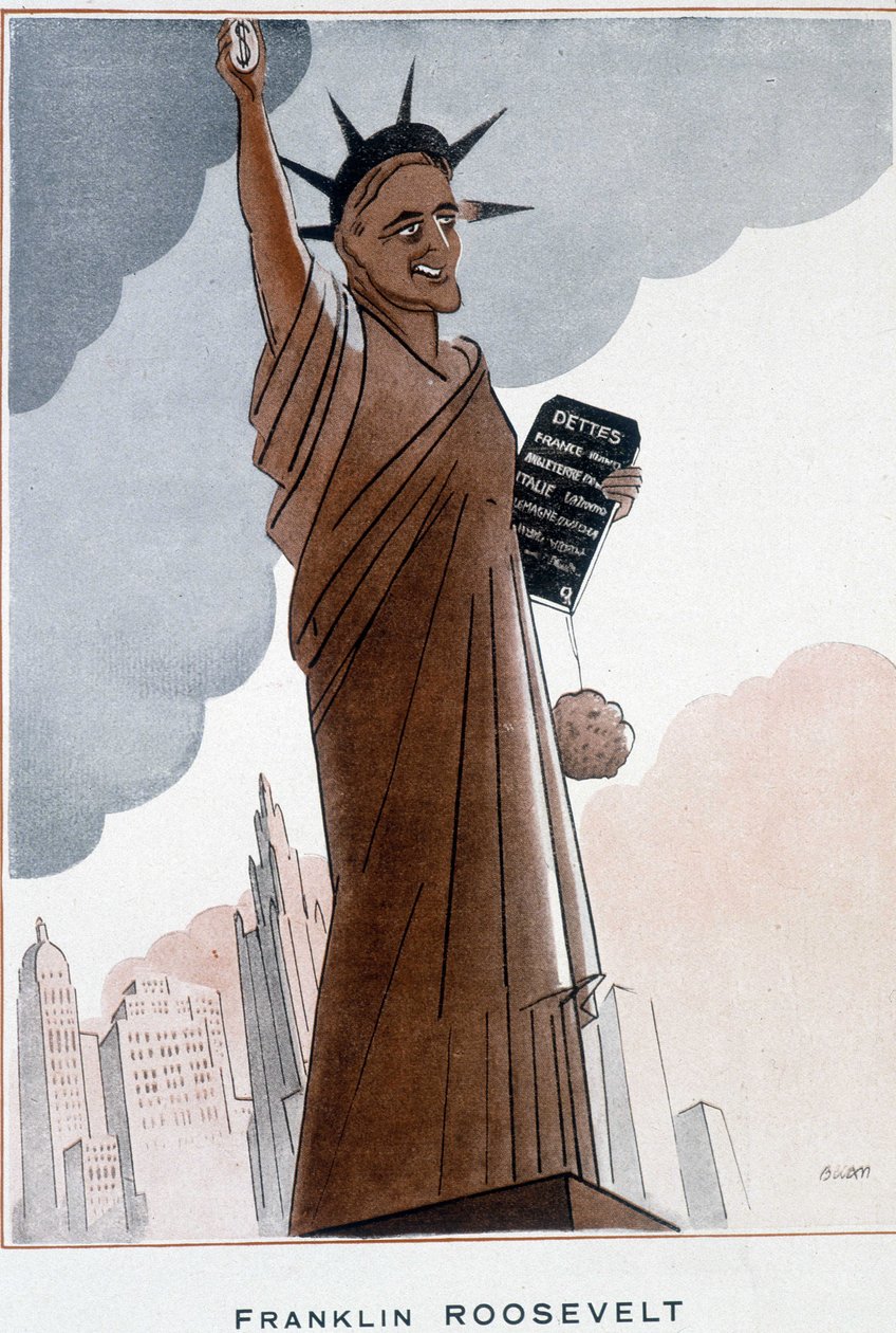 Desenho animado de Franklin Roosevelt na Estátua da Liberdade - Ilustração de Bernard Becan (Bernhard Kahn) (1890-1943) Em "Fantasio" de 01/12/1932 de Bernard Becan