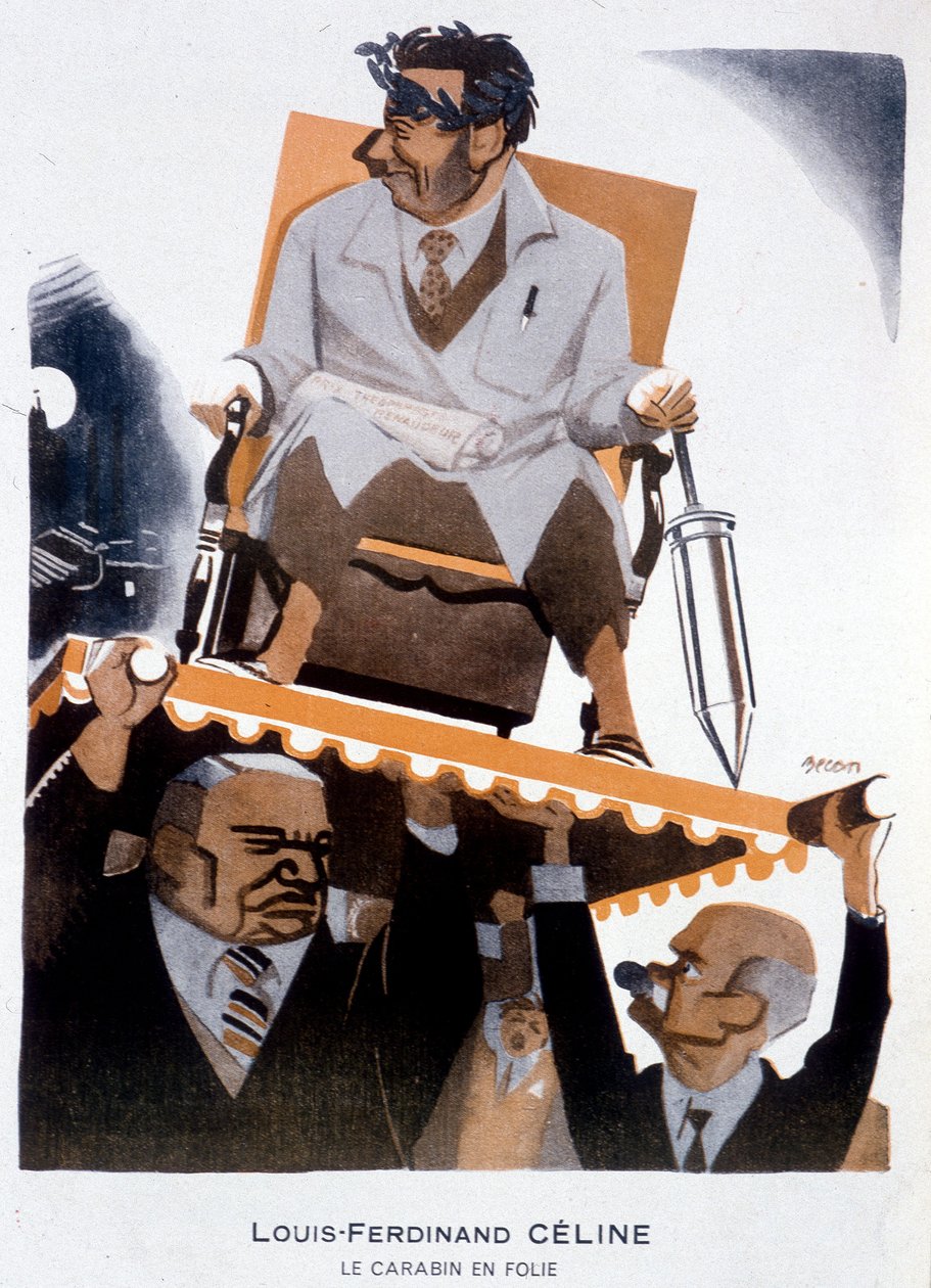 Desenho animado de Louis-Ferdinand Celine (1894-1961) (Louis Ferdinand Celine) - Ilustração de Bernard Becan (Bernhard Kahn) (1890-1943) em "Fantasio" de 15/01/1933 de Bernard Becan