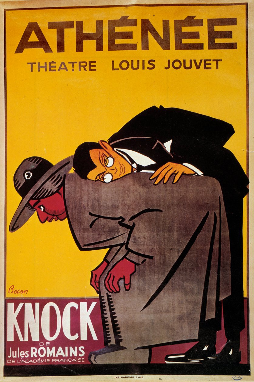 Cartaz do espetáculo "Knock" de Jules Romain no teatro Louis Jouvet - Ilustração do século XX de Bernard Becan (Bernhard Kahn) (1890-1943) - Paris, theatre de l