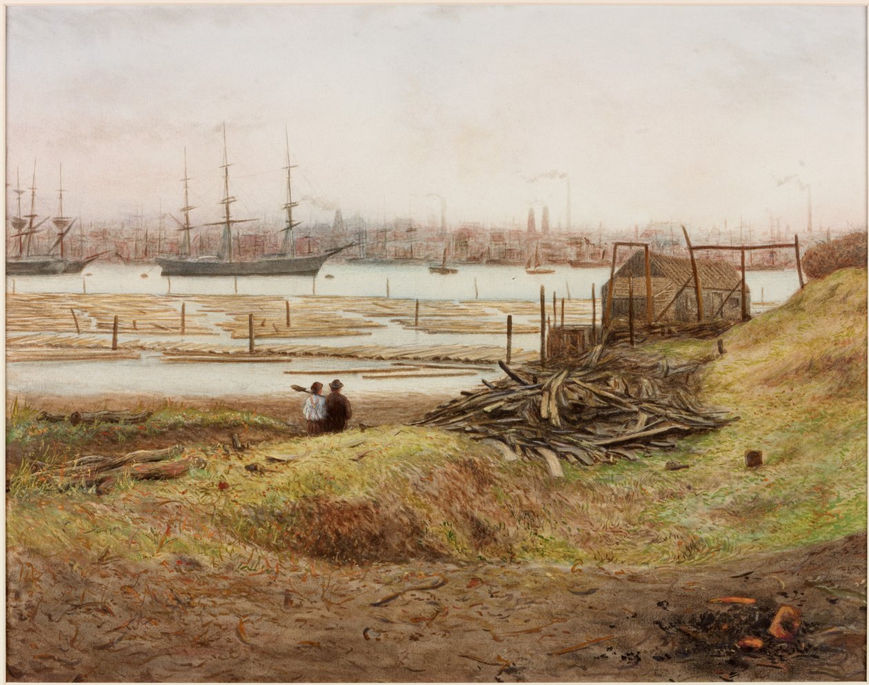 Transporte marítimo e construção naval no Tyne (lápis e aguarela sobre papel (colado sobre papel)) de Bernard Benedict Hemy