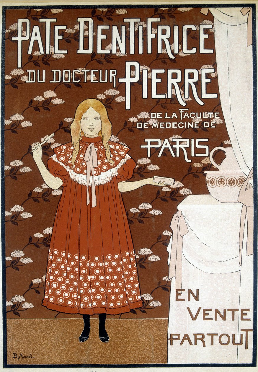 Publicidade para a pasta de dentes do Dr. Pierre representando uma rapariga numa casa de banho com uma escova de dentes na mão de Bernard Boutet de Monvel