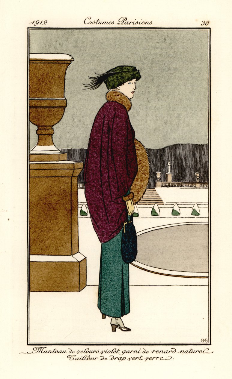 Mulher com capa de veludo violeta aparada com pêlo de raposa, fato de woo verde-garrafa, polainas. Manteau de velours violet garni de renard naturel, tailleur de drap vert verre. Piso de bolso colorido à mão (stencil) gravura após uma ilustração de Bernard de Bernard Boutet de Monvel