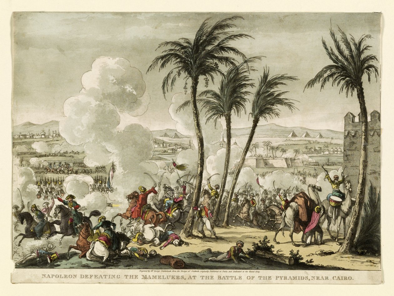 Napoleão derrotando os mamelucos na Batalha das Pirâmides, perto do Cairo, gravada por George Cruikshank (1769-1823), pub. 1823 (gravura colorida à mão) de Bernard Edouard Swebach