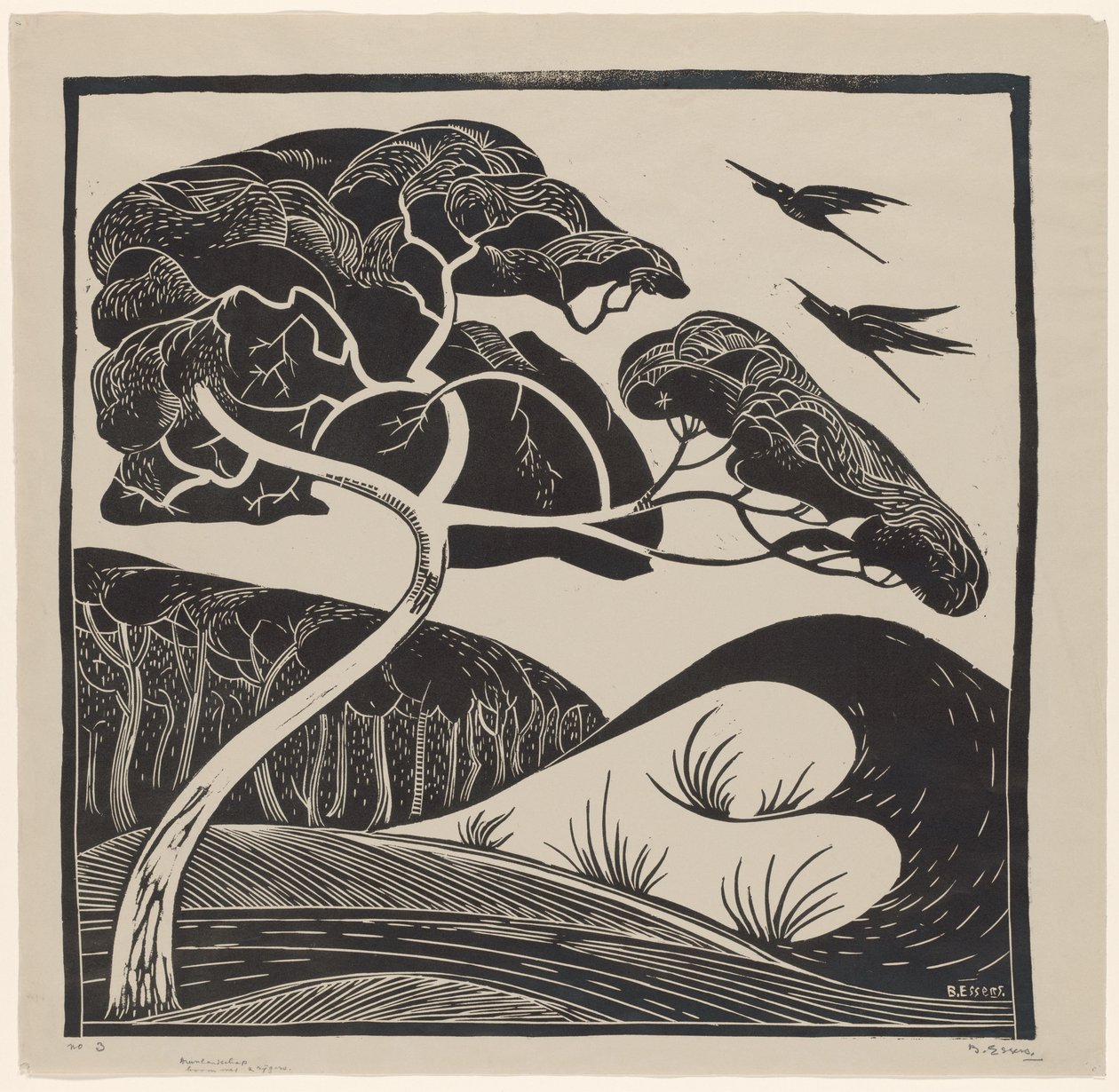Paisagem dunar (título sobre o objecto)
Árvore com 2 garças (título sobre o objecto) de Bernard Essers (signed by artist)