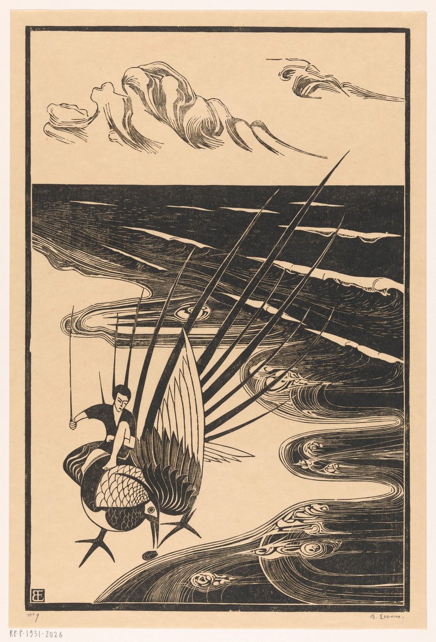 Figura sentada sobre um faisão na praia de Bernard Essers (signed by artist)