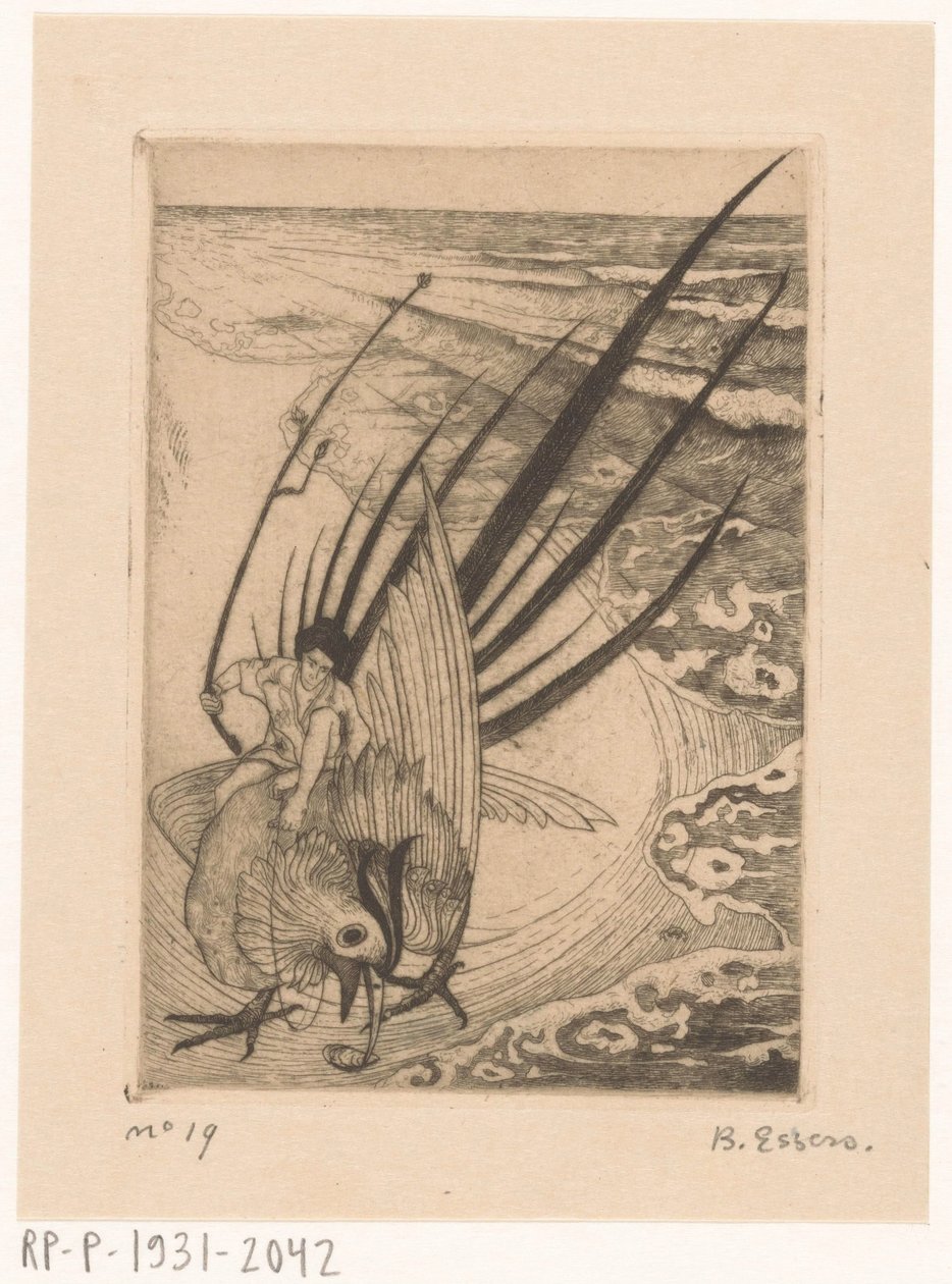 Figura sentada sobre um faisão na praia de Bernard Essers (signed by artist)