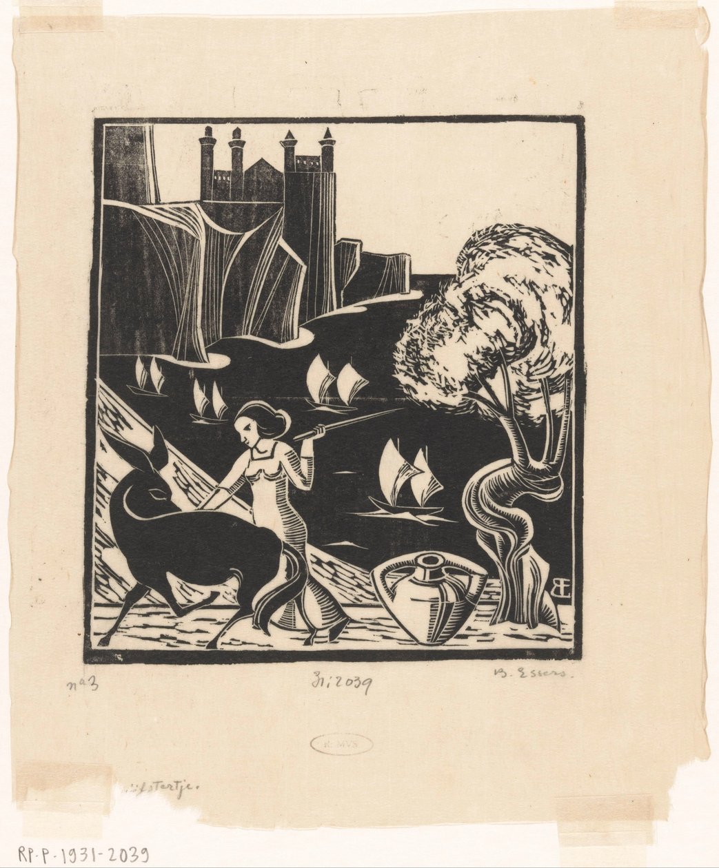 Mulher a conduzir um burro de Bernard Essers (signed by artist)