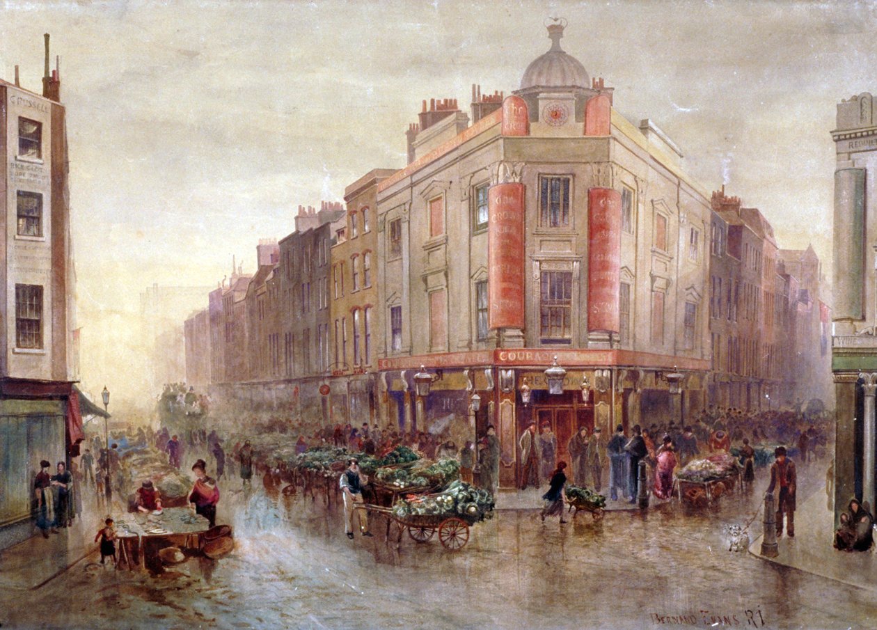 Mercado em uma manhã de domingo em Seven Dials, Holborn, Londres, 1878. de Bernard Evans
